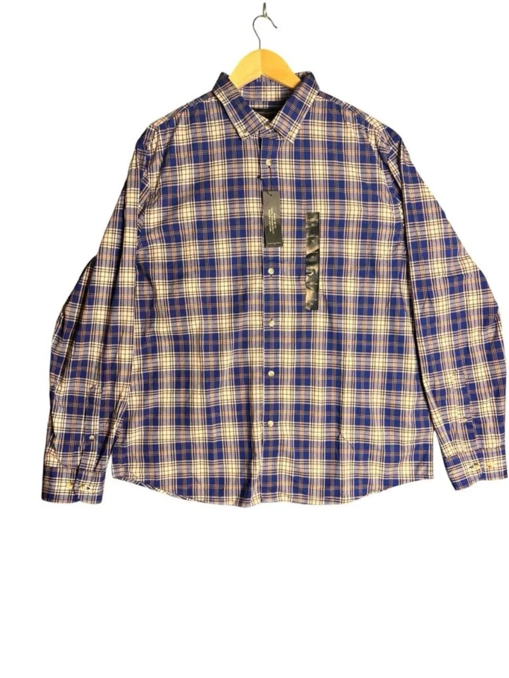 Banana Republic XL Slim Fit Plaid Shirt Blue Tan Untucked 17-17.5x36 NWT